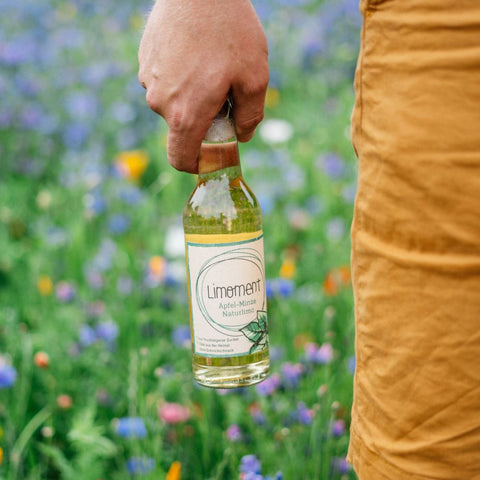 Eine Person hält eine Flasche Limoment Apfel-Minze Naturlimo in der Hand. Im Hintergrund ist eine Blühwiese.