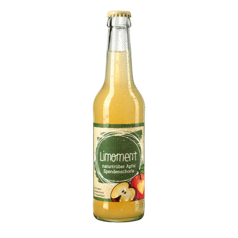 Limoment naturtrübe Apfel-Spendenschorle in Glasflasche und nachhaltigem Etikett mit Limoment-Logo und gezeichnetem Apfel