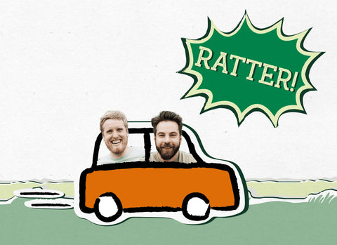 Die Köpfe von Janosch und Phillip von Limoment schauen aus einem gezeichneten Auto heraus. Darüber das Wort Ratter!