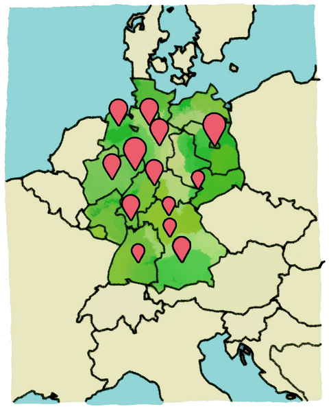 Eine gezeichnete Karte mit markierten Standorten, an denen Limoment verfügbar ist.