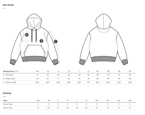 Größentabelle für den Hoodie mit technischer Skizze (Vorder- und Rückansicht) und Maßen in cm für A (halbe Brustweite), B (Körperlänge) und C (Ärmellänge) von XXS bis 5XL.