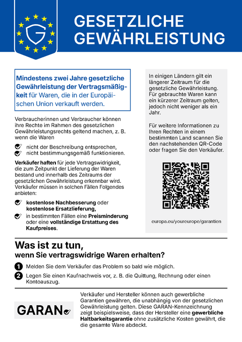 EU-Information zur gesetzlichen Gewährleistung: Mindestens zwei Jahre gesetzliche Gewährleistung der Vertragsmäßigkeit für Waren in der EU.